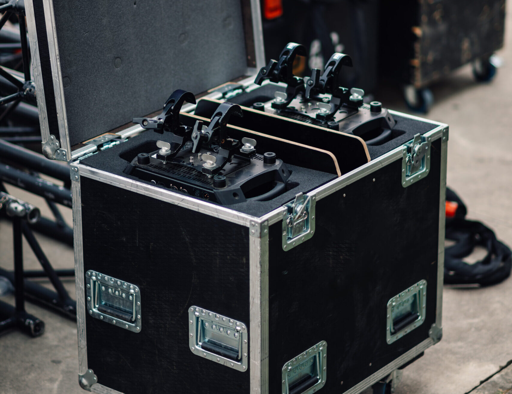 Professional lighting equipment packed in road case for concert tour